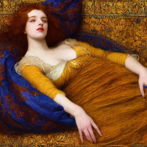 Image similar to preraphaelite photography reclining on bed, a hybrid of judy garland and eleanor of aquitaine, aged 2 5, big brown fringe, yellow ochre ornate medieval dress, john william waterhouse, kilian eng, rosetti, john everett millais, william holman hunt, william morris, 4 k