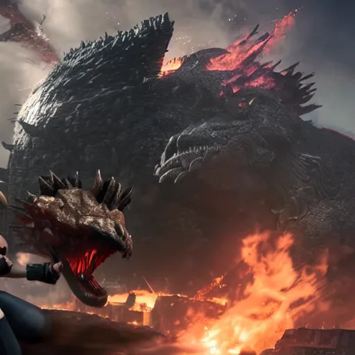 Image similar to a giant tifa from final fantasy 7 remake destroying a city like godzilla while smiling, digital art, octane render, award winning, very detailed, full body portrait, 3d render, detailed facial expressions, destroyed city, destruction, fire, video game art, no text