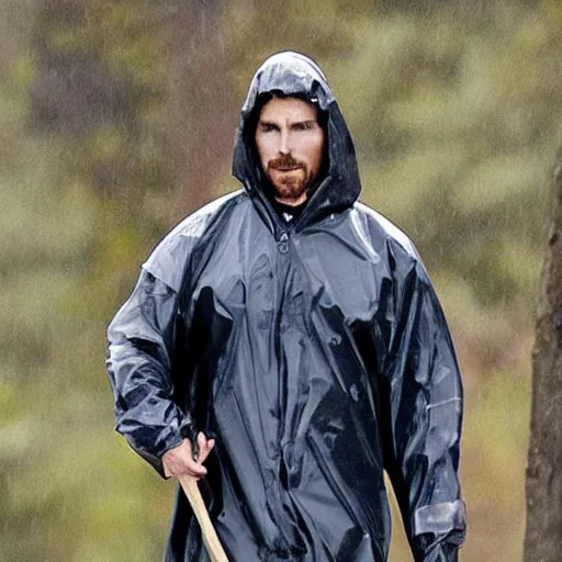 Image similar to christian bale in a clear rain coat holding an axe hd