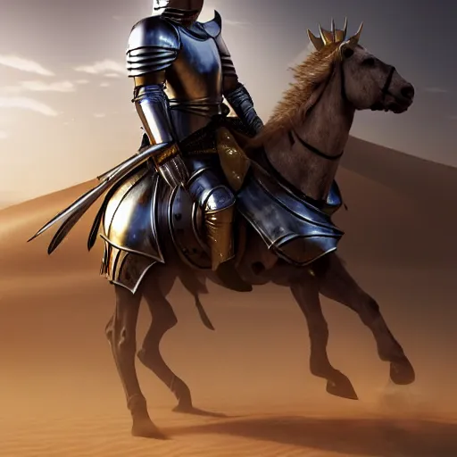 Image similar to A noble medieval knight fighting a war in the desert, dust and blood in the air, dark and horrifying, hyper realistic, photo realistic, cinematic lighting, volumetric lighting, Gold and Silver Armour Suit, black iron sword, trending on Artstation, Game Splash Screen, art by Artgerm and Greg Rutkowski and Alphonse Mucha