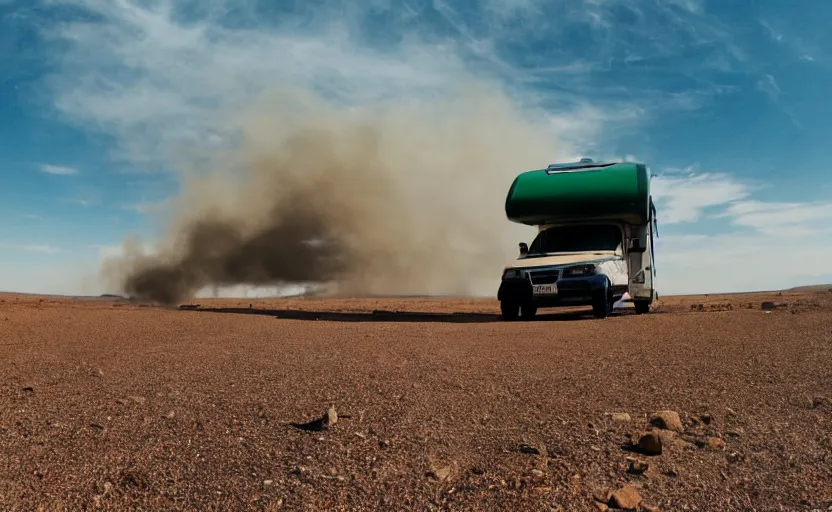 Prompt: a motorhome in the desert, green smoke coming from the top, wide angle shot