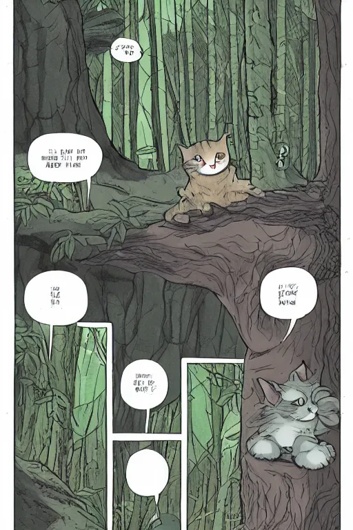 Image similar to a graphic novel comic about cats in the forest, by mike holmes, manga, webcomic