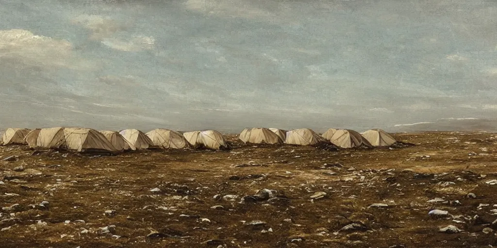 Prompt: “ a group of abandoned beige 1 8 0 0 s canvas tents in a desolate arctic landscape, barren, no trees or grass, gravel and scree ground, slight rolling hills, romanticist oil painting ”