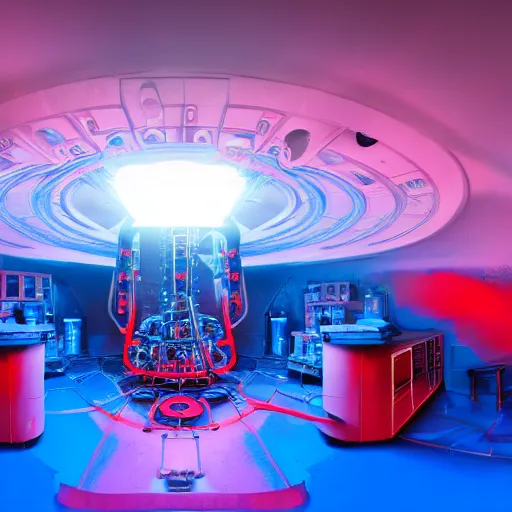 Prompt: interior of alien laboratory with strange device at the center of a room, eerie blue and red colors, photo, 4 k