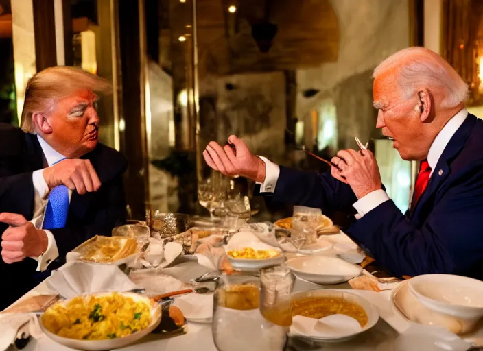 Image similar to Trump and Biden having dinner at a fancy Balinese restaurant, award winning cinematic photography, sigma 85mm Lens F/1.4, blurred background, perfect faces