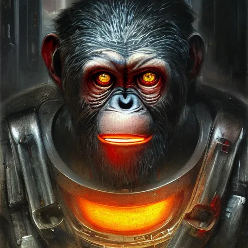 Image similar to a biomechanical cyborg ape from planet of the apes, with one red glowing eye sitting on top of a tank, hero character art, scars, by chris leib and greg rutkowski and android jones in a dark fantasy cyberpunk!! style, oil on canvas, h.r. giger, volumetric lighting, 8k, hd.