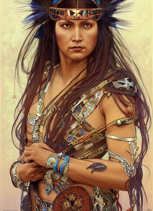 Prompt: Gina Tores as a beautiful native warrior woman, intricate, elegant, highly detailed, centered, digital painting, artstation, concept art, smooth, sharp focus, illustration, art by artgerm and donato giancola and alphonse mucha