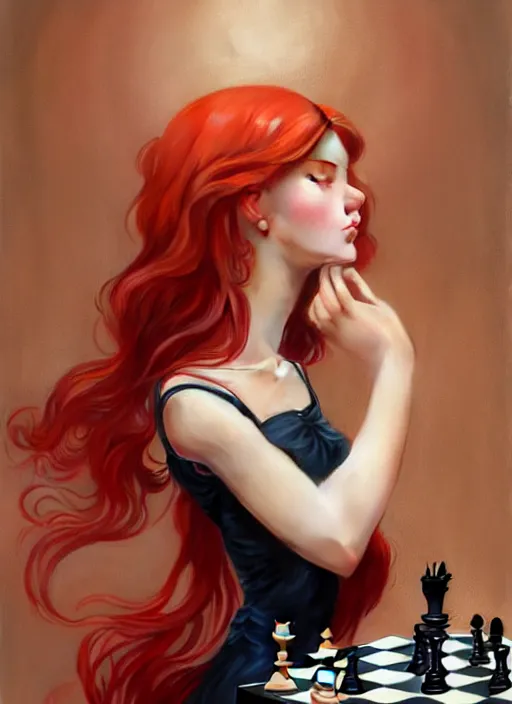 Image similar to a full body fashion photography of a girl playing chess, red hair, intricate, elegant, clearly visible face, highly detailed, digital gallery painting, artstation, concept art, smooth, sharp focus, illustration, art by artgerm and greg rutkowski and alphonse mucha, 8 k