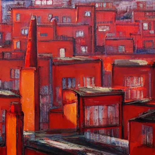 Image similar to urban landscape. red buildings, chimneys