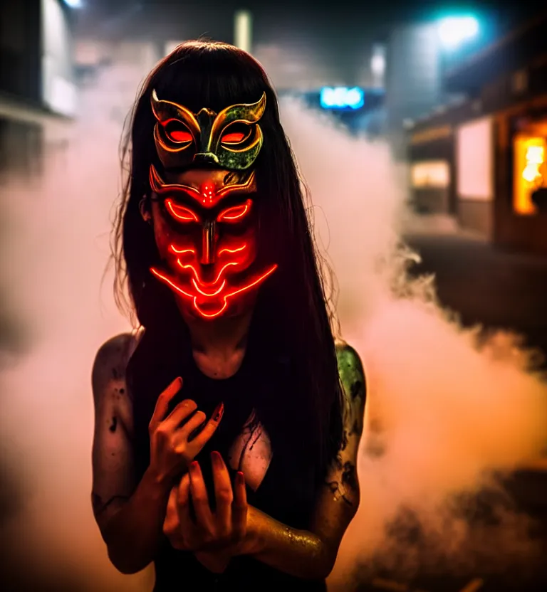 Prompt: a photo close up cyberpunk woman, wearing demon mask, fire dance in cyberpunk dirty alley, smoke mist rain, cyberpunk gunma prefecture, midnight, photorealistic, cinematic color, studio lighting, highly detailed, bokeh, style by tomino - sama