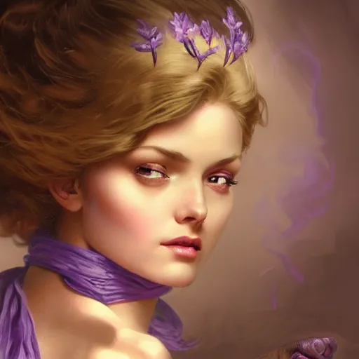 Image similar to beautiful female wizard with lavender skin casting swirling magic spell, nge, dark fantasy, three quarter profile face closeup, intricate, highly detailed, digital painting, volumetric light, artstation, concept art, smooth, sharp focus, illustration, art by gil elvgren and greg rutkowski and luis royo, and alphonse mucha, 8 k