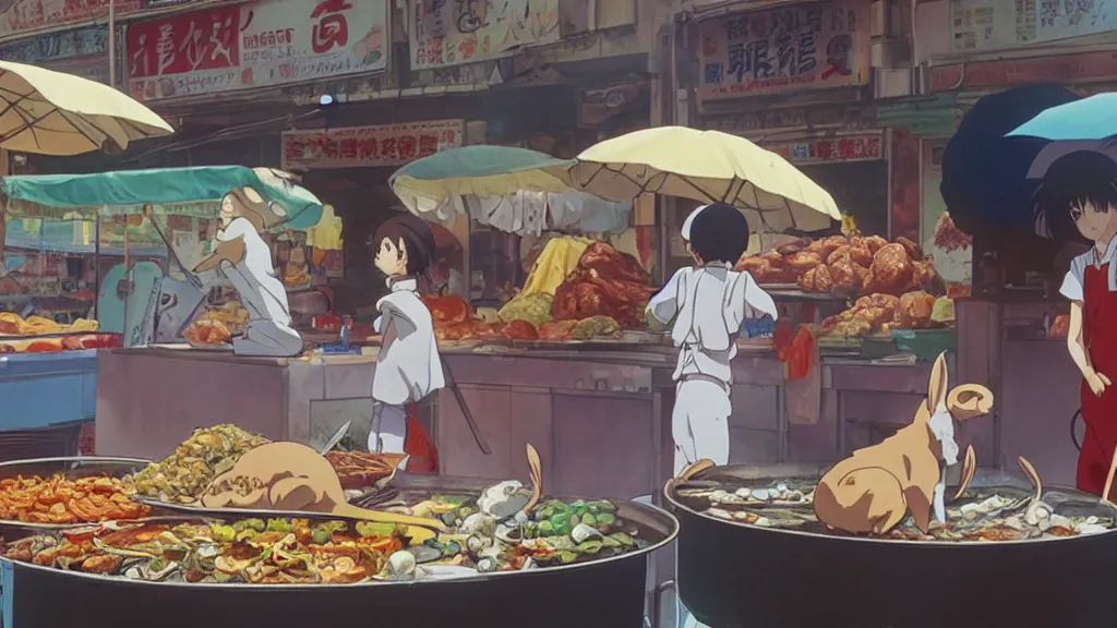 Image similar to a rabbit being cooked in a street market, anime film still from the an anime directed by Katsuhiro Otomo with art direction by Salvador Dalí, wide lens