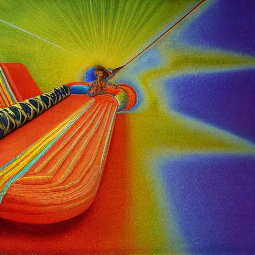 Image similar to psychedelic couch sofa costa blanca, designed by arnold bocklin, jules bastien - lepage, tarsila do amaral, wayne barlowe and gustave baumann, cheval michael, trending on artstation, mediterranean, star, sharp focus, colorful refracted sparkles and lines, soft light, 8 k 4 k