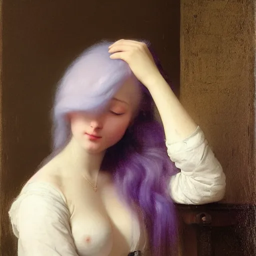 Image similar to a young woman’s face, her hair is deep purple, by ivan aivazovsky and pieter claesz and paul delaroche and alma tadema and august malmstrom and and willen claesz heda and aelbert cuyp and gerard ter borch, contrapposto, hyperrealistic, volumetric light, rendered in octane, c4d
