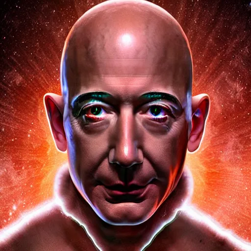 Prompt: Jeff Bezos as a terrifying cosmic horror with a thousand tentacles coming from his eyes and cracks in his head with a cosmic background. Epic digital art