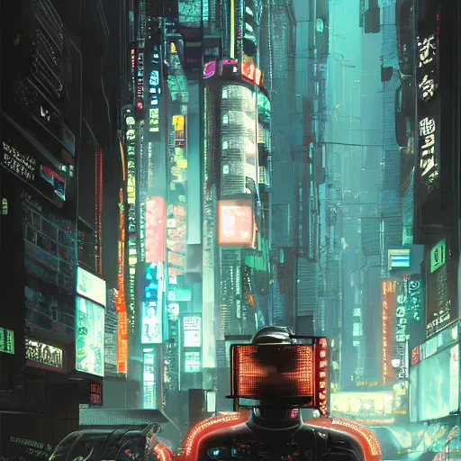 Image similar to cyberpunk robot in future japan at night, concept art, fine details, studio ghibli, cinematic lighting, ghost-in-the-shell, cyberpunk,sci-fi, fantasy, intricate, elegant, highly detailed, digital painting, trending on artstation, concept art, smooth, sharp focus, illustration, by james gurney and greg rutkowski