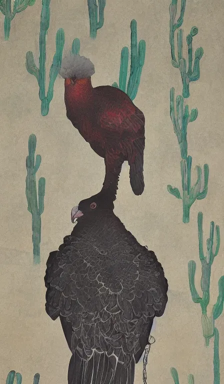 Image similar to lonely turkey vulture sitting on cactus by Shen Quan, hanging scroll, ink and colours on silk