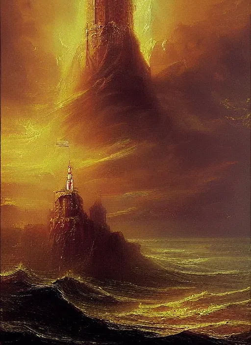 Prompt: a delicate sparkling gold fantasy tower splashes upwards from a turbulent ocean, dramatic lighting, rich colors, sunlight shimmering off the tower and the water and the spray, beautiful painting by Thomas Cole