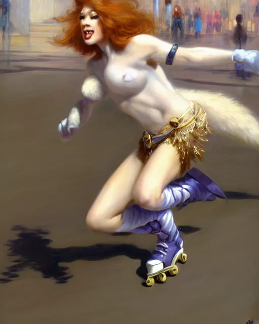 Image similar to a buff white female anthro wolf skating at a roller derby, 4 k, furaffinity, fursona, trending on artstation, energetic, speed, motion blur, by gaston bussiere, craig mullins, j. c. leyendecker, gustav klimt, artgerm, greg rutkowski, alphonse mucha