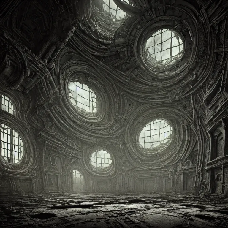 Prompt: surreal interior of abandoned ancient alien spaceship covered with ribbed spinal tubes, surreal abandoned buildings, dream-like heavy atmosphere, baroque painting, beautiful detailed intricate insanely detailed octane render trending on Artstation, 8K artistic photography, photorealistic, volumetric cinematic light, chiaroscuro, Raphael, Caravaggio, Beksinski, Giger