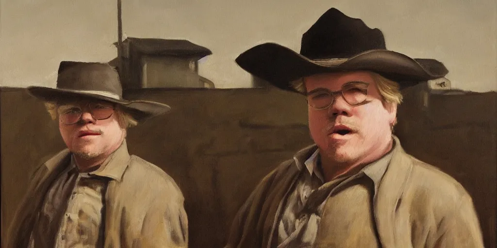 Prompt: oil painting portrait of Phillip Seymour Hoffman as an old west banker in a busy old west town