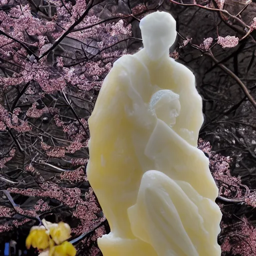 Image similar to ice - t ice sculpture, alfons mucha, golden hour, realistic, body shot, sharp focus, 8 k high definition, insanely detailed, intricate, elegant, cherry blossoms