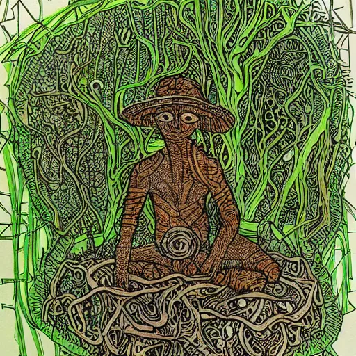 Image similar to Electronic The Thinker Sculpture covered in mushrooms & peyote & ayahuasca vines, sitting in a dense luscious forest, ink sketch, Naturalist