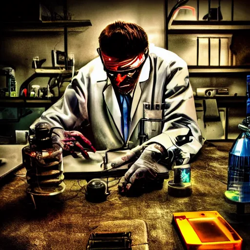 Image similar to Zombie Doctor performing surgery on a cadaver mad scientist laboratory glowing chemistry set viles test tubes potions smoking HDR 8K