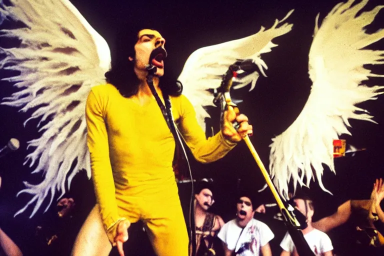 Image similar to freddie mercury queen singing at a death metal punk concert. mosh pit, elaborate clothing, violent rock concert yellow and white clothing, huge angel wings