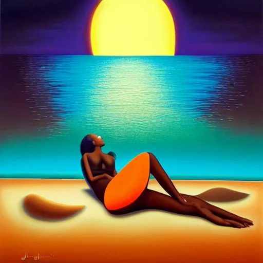 Image similar to a black woman relaxing on a black sand beach at sunset, bioluminescent plankton by justin bua and evgeni gordiets in a surreal style, oil on canvas