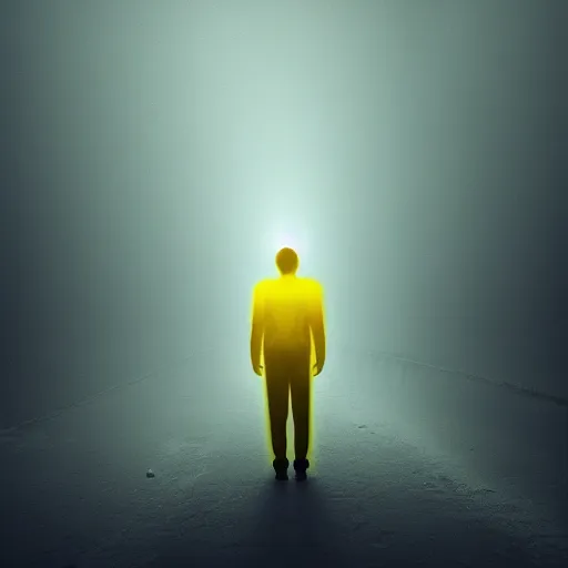 Image similar to man in a luminous yellow [ liminal space ]!!, 4 k photorealism, horror - esque, eerie atmosphere, dark - bright lighting