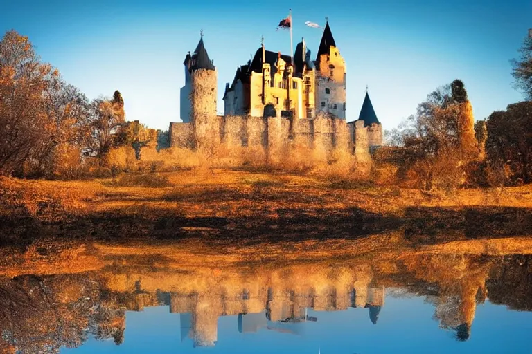 Prompt: castle, chrome, reflect, fantastic, ultra realistic!!!, clear weather, golden hour, sharp focus