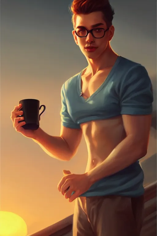 Image similar to attractive man drinking coffee, sunset, painting by ross tran, vladimir volegov, j. c. leyendecker, tom of finland, trending on artstation