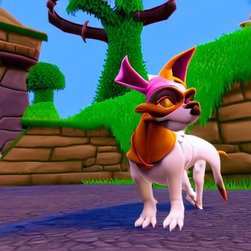 Prompt: screenshot of a cute anthropomorphic dog as an npc in spyro the dragon video game, with playstation 1 graphics, activision blizzard, upscaled to high resolution