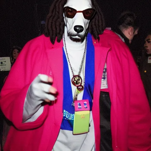 Prompt: snoop dogg as a fursuit at a furry convention, flash photography