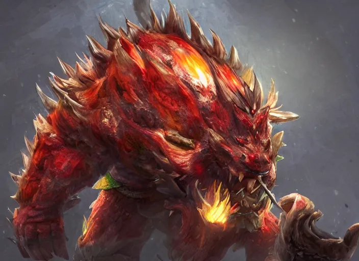 Image similar to detailed concept art of a huge giant bowser by cheng yi and luolin, aartstation, artstationhd, detailed scales, spiky and red hair tuft green scales. bowser, bowser nintendo, koopa, ~ bowser # bowser ( ( mario ) ) bcy. net, realistic. cheng yi, fire breathing. bowser