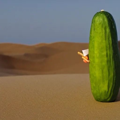 Prompt: a figure made of cucumber holding a golf club, dunes in the background