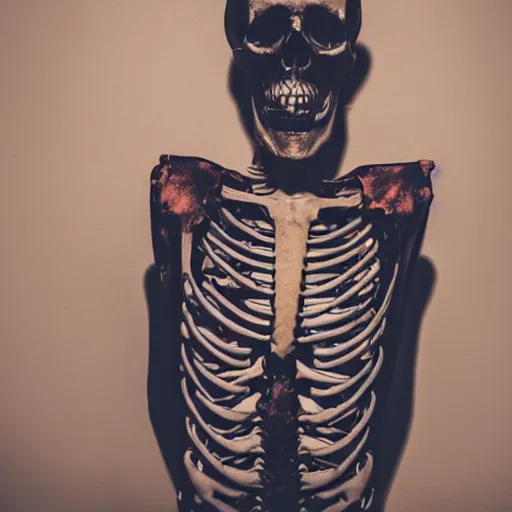 Prompt: awkward camera shot of a skeleton in human clothes