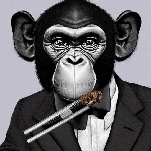 Image similar to a high detail portrait of a chimp wearing a suit 👔,and smoking🚬