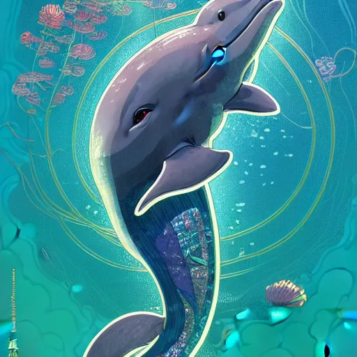 Prompt: a beautiful hyperdetailed character design 4 k wallpaper illustration of a cute dolphin, ciyt by the sea, victo ngai cyberpunk style, from china, style of studio ghibli, makoto shinkai, raphael lacoste, louis comfort tiffany, artgerm, james jean, ross tran, chinese style