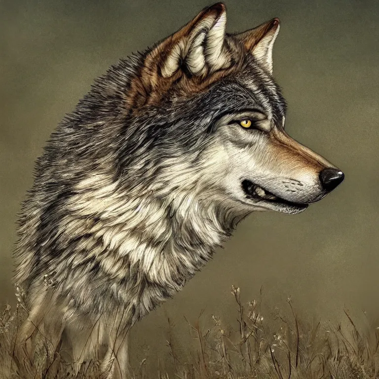 Prompt: Majestic wolf on the heath. Rough brushstrokes. Beautiful detailed scene. Interesting natural colour scheme. Beautiful artistic digital painting by Lurid (2022)