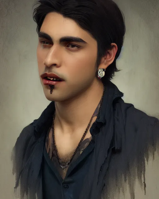 Image similar to 3 / 4 portrait, male vampire, brown skin, long dark hair, dark blue shirt, beautiful, flowers, blood on mouth, detailed background, elaborate jewelry, earrings, artstation, alphonse mucha, william bouguereau, rossdraws, greg rutkowski, super detailed, illustration, realistic, octane render, sharp focus, cinematic, 8 k