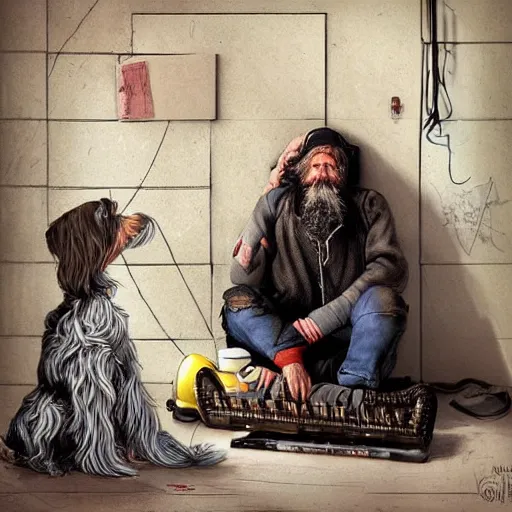 Prompt: homeless man hobo with long beard and long hair sitting at his computer in a white room asylum, headphones on head, his pet dog yorkshire terrier sitting beside him, pixar style, by tristan eaton stanley artgerm and tom bagshaw.