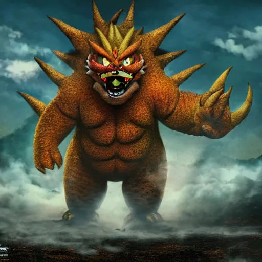 Prompt: Kaiju Bowser roaring into the sky, anime key visual, silent Hill, ruined kingdom, horror, super Mario