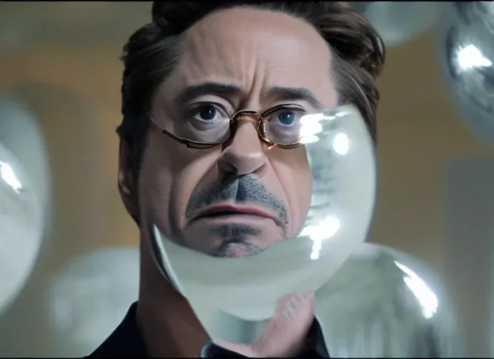 Image similar to film still of Robert Downey Jr as Cobb with the world bending as a series of mirrors in the background in Inception, 4k