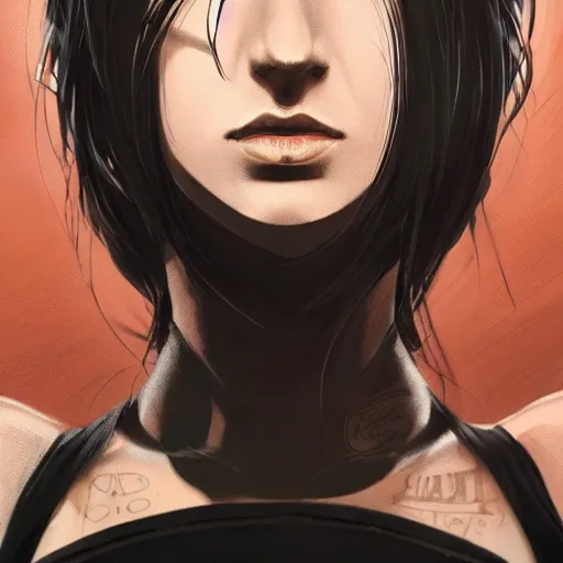 Image similar to enchanting bar maid, tattoos, black t - shirt, black skirt, detailed portrait, intricate complexity, by greg rutkowski, artgerm, ross tran, conrad roset, takato yomamoto, ilya kuvshinov. 4 k, beautiful, cinematic dramatic atmosphere