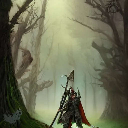 Prompt: high quality matte painting, grim fantasy witchy art, a woodland knight made of wood holding a giant club, in a dark forest, digital art, high quality render, artstation, 8 k, photograph quality, ultrahd, in the style of dungeons and dragons