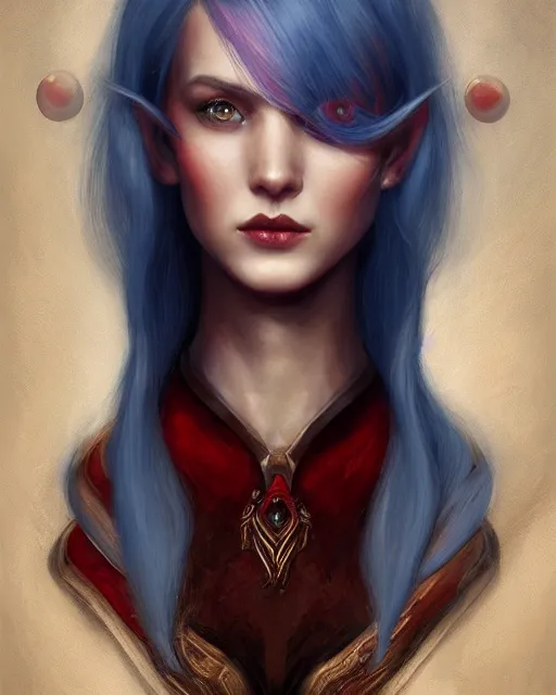 Prompt: A detailed matte oil on canvas head on symmetrical portrait of a beautiful distinguished elven woman with split red and blue hair on an empty background, by Charlie bowater, Wlop, trending on artstationhd, dungeons and dragons art, parted hair , half blue, half red , split dye, critical role