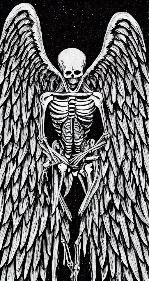 Prompt: a male skeleton with angel wings only, illustration style, symbolic, cinematic, dark and moody night scene, super detailed and intricate, elegant, hyper - realistic