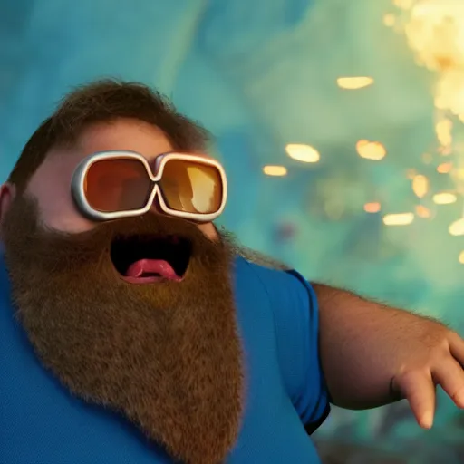 Image similar to highly detailed octane render of a short fat ugly man with a giant beard wearing goggles and a blue jumpsuit is screaming being blown up in an explosion inside a cave